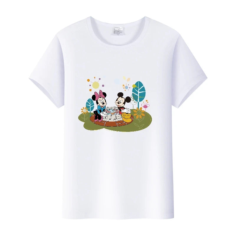 Camisetas fofas de desenho animado da Disney, Mickey Mouse, estampa de leopardo, Minnie, camiseta feminina, verão, branca, manga curta, gola redonda, tops masculinos