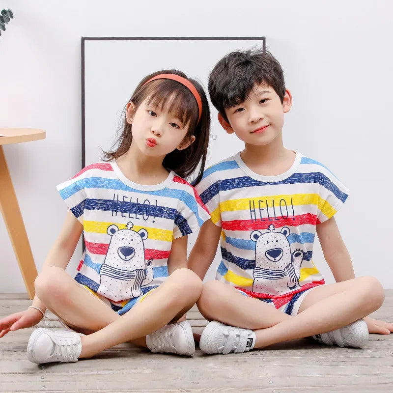 Conjuntos infantis, roupas para mães e crianças, meninos e meninas, camiseta e shorts, 2 peças, verão, algodão, manga curta, roupas para bebês e crianças, terno para crianças pequenas