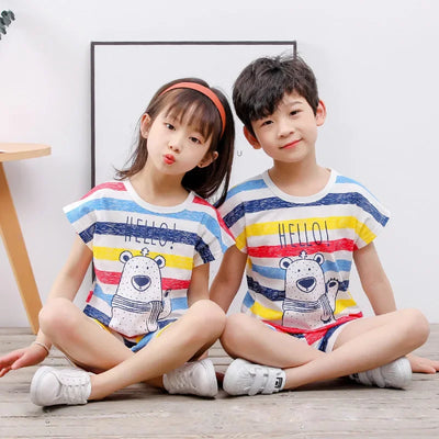 Conjuntos infantis, roupas para mães e crianças, meninos e meninas, camiseta e shorts, 2 peças, verão, algodão, manga curta, roupas para bebês e crianças, terno para crianças pequenas