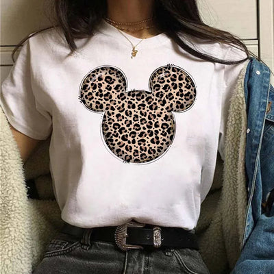 Camisetas fofas de desenho animado da Disney, Mickey Mouse, estampa de leopardo, Minnie, camiseta feminina, verão, branca, manga curta, gola redonda, tops masculinos