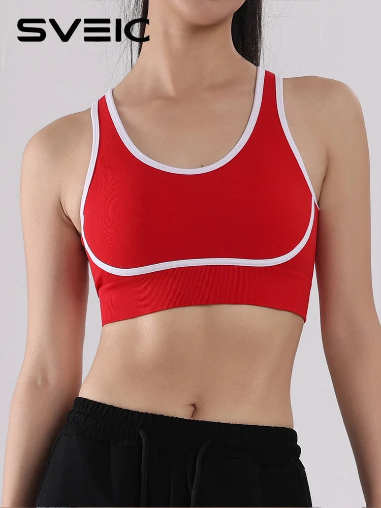 Sutiã esportivo de ioga com contraste de cores SVEIC, sem costura, vazado, costas bonitas, roupa íntima para treino fitness, à prova de choque, para corrida e academia