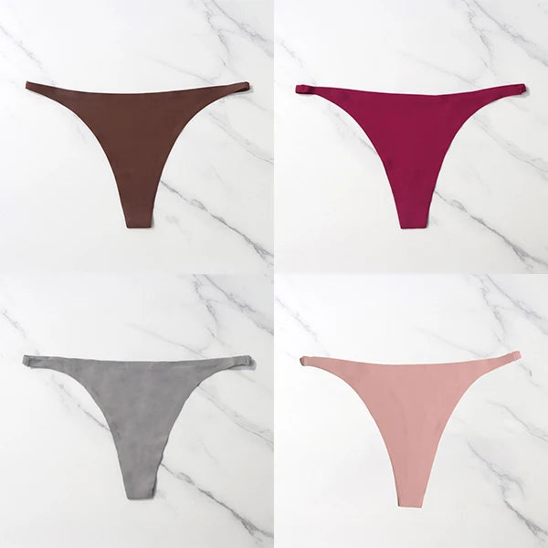 Lote com 4 peças de calcinhas sensuais sem costura, roupa íntima feminina, com cordão de seda gelo, cintura fina, tanga feminina, lisa, tanga feminina, costas nuas