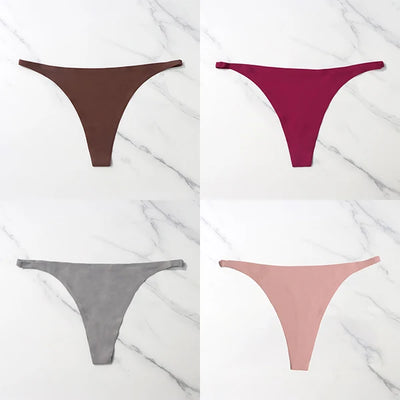 Lote com 4 peças de calcinhas sensuais sem costura, roupa íntima feminina, com cordão de seda gelo, cintura fina, tanga feminina, lisa, tanga feminina, costas nuas