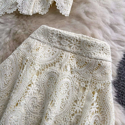 Elegante vestido longo de pérolas, conjunto feminino de 2 peças, manga curta, flor, bordado, camisa de renda, saia midi evasê