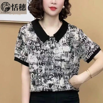 Camiseta feminina de verão, estampa de escritório, gola polo, manga curta, casual, solta, fina, para combinar