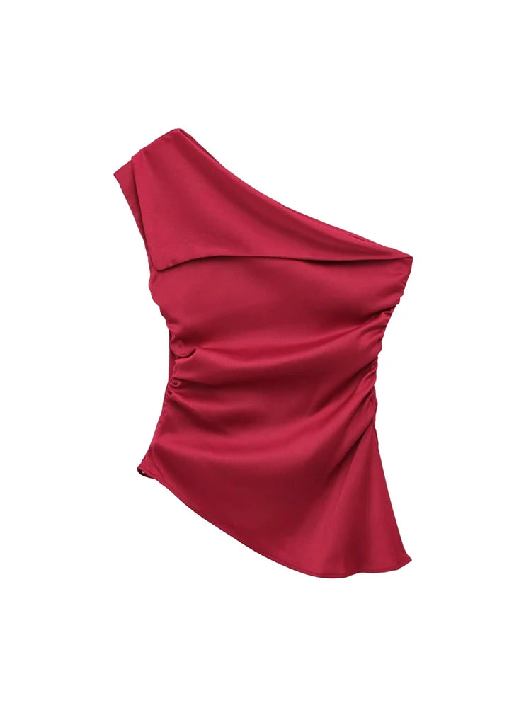 Blusa feminina assimétrica drapeada TRZA, um ombro, zíper lateral, moda chique, camisa feminina