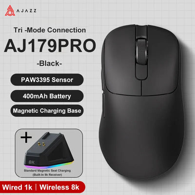 Mouse sem fio com fio leve AJAZZ AJ179 PRO PAW3395 com base de carregamento magnética ergonômico e macro para jogos para PC e laptop