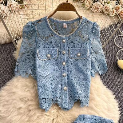 Elegante vestido longo de pérolas, conjunto feminino de 2 peças, manga curta, flor, bordado, camisa de renda, saia midi evasê