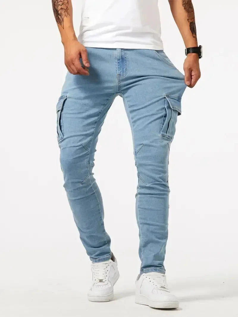Calça jeans cargo masculina elástica de rua 2025, calça jeans lavada, cor sólida, vários bolsos, casual, cintura média, slim, uso diário, para corrida