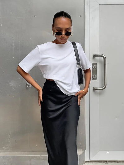 Saias elegantes de cetim preto trompete moda saias finas de cintura alta femininas sólidas escritório saia longa primavera verão