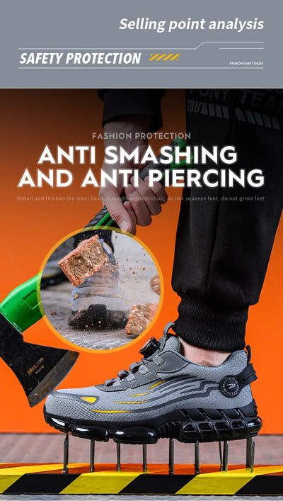 Novos calçados de segurança com botão giratório para homens, anti-esmagamento e anti-furo, calçados de trabalho da moda, calçados esportivos masculinos, botas de segurança e proteção para homens