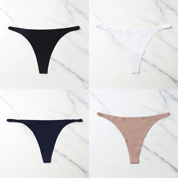 Lote com 4 peças de calcinhas sensuais sem costura, roupa íntima feminina, com cordão de seda gelo, cintura fina, tanga feminina, lisa, tanga feminina, costas nuas