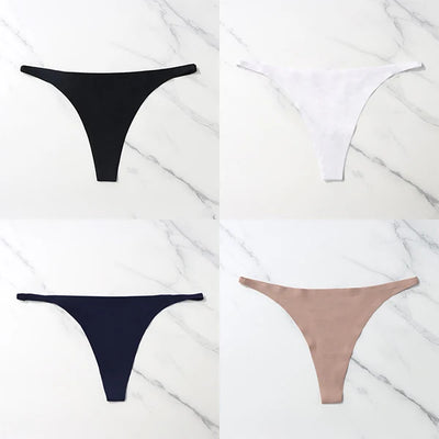 Lote com 4 peças de calcinhas sensuais sem costura, roupa íntima feminina, com cordão de seda gelo, cintura fina, tanga feminina, lisa, tanga feminina, costas nuas