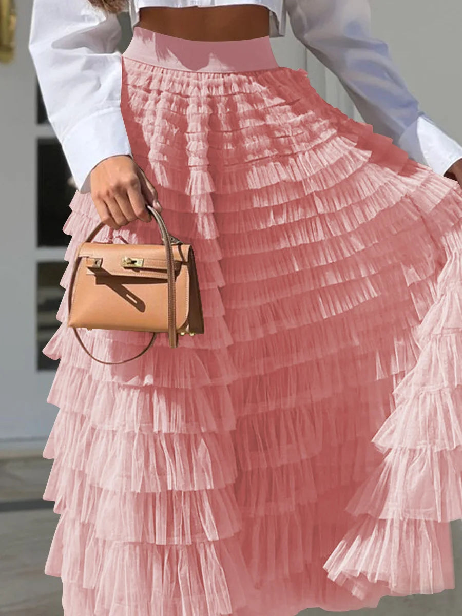 Saias casuais sólidas femininas em camadas, saia de tule com cintura alta, plissada, longa, tutu, elegantes, para mulheres, malha selvagem, saias longas para encontros