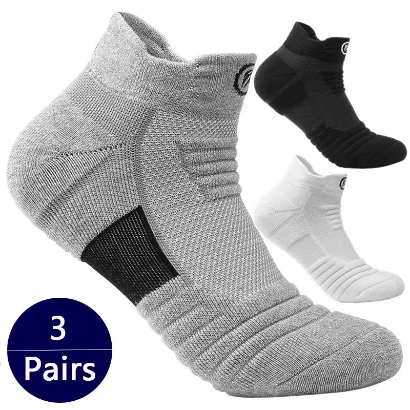 3 pares de meias masculinas de futebol, basquete, esportivas, grossas, com fundo de toalha, respiráveis, meias curtas de cano médio, meias de grife
