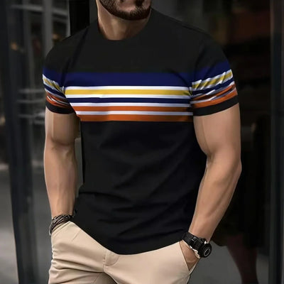 Camiseta masculina para atividades ao ar livre, moda verão, casual, gola redonda, manga curta, listrada, estilo estampado, tamanho asiático, roupa masculina, camiseta