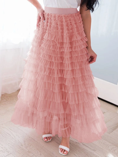 Saias casuais sólidas femininas em camadas, saia de tule com cintura alta, plissada, longa, tutu, elegantes, para mulheres, malha selvagem, saias longas para encontros