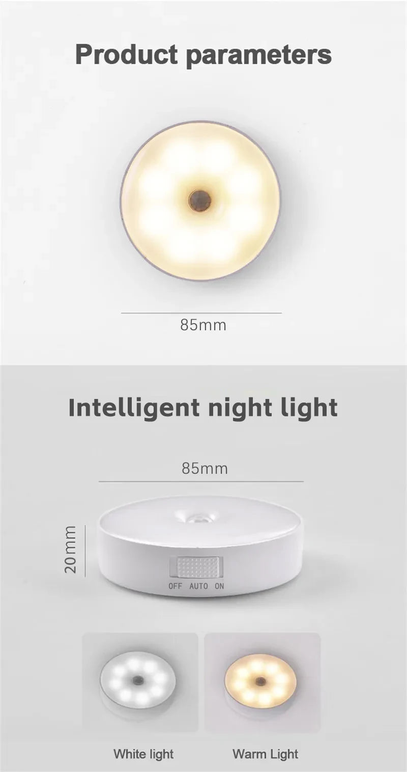 Lâmpada noturna LED inteligente com sensor de corpo humano, iluminação de emergência automática, carregamento USB, sem fio, sucção magnética, luz noturna