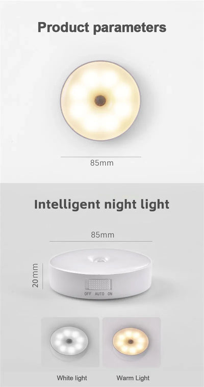Lâmpada noturna LED inteligente com sensor de corpo humano, iluminação de emergência automática, carregamento USB, sem fio, sucção magnética, luz noturna