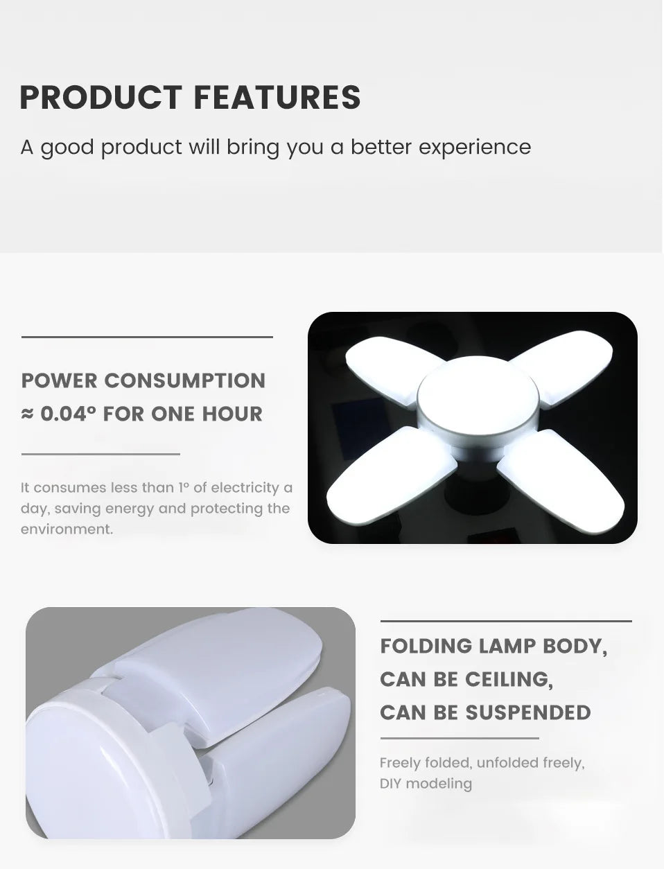 Lâmpada LED dobrável E27 de 28 W com ventilador AC220 V/110 V, 40 lâmpadas de deformação para iluminação de teto residencial, armazém e garagem, luz branca, lâmpada 6500 K