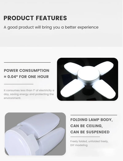 Lâmpada LED dobrável E27 de 28 W com ventilador AC220 V/110 V, 40 lâmpadas de deformação para iluminação de teto residencial, armazém e garagem, luz branca, lâmpada 6500 K