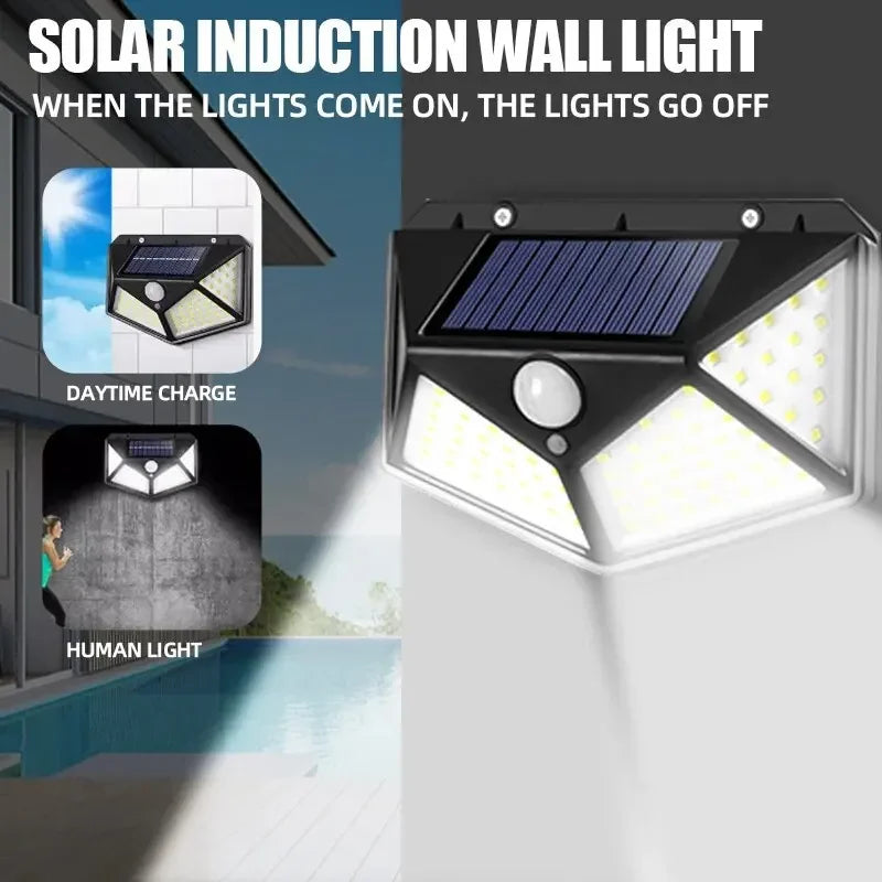 Luminária de parede solar 100LED, lâmpada externa à prova d'água, sensor de movimento, luz solar, lâmpada de rua, corrimão de jardim, lâmpada decorativa