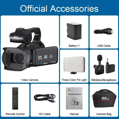 Câmera de vídeo profissional 6K para fotografia, zoom digital de 18x, visão noturna, câmera de vlog, webcam de transmissão ao vivo com WiFi de 64 MP