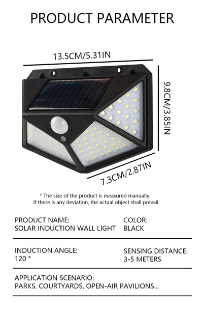 Luminária de parede solar 100LED, lâmpada externa à prova d'água, sensor de movimento, luz solar, lâmpada de rua, corrimão de jardim, lâmpada decorativa