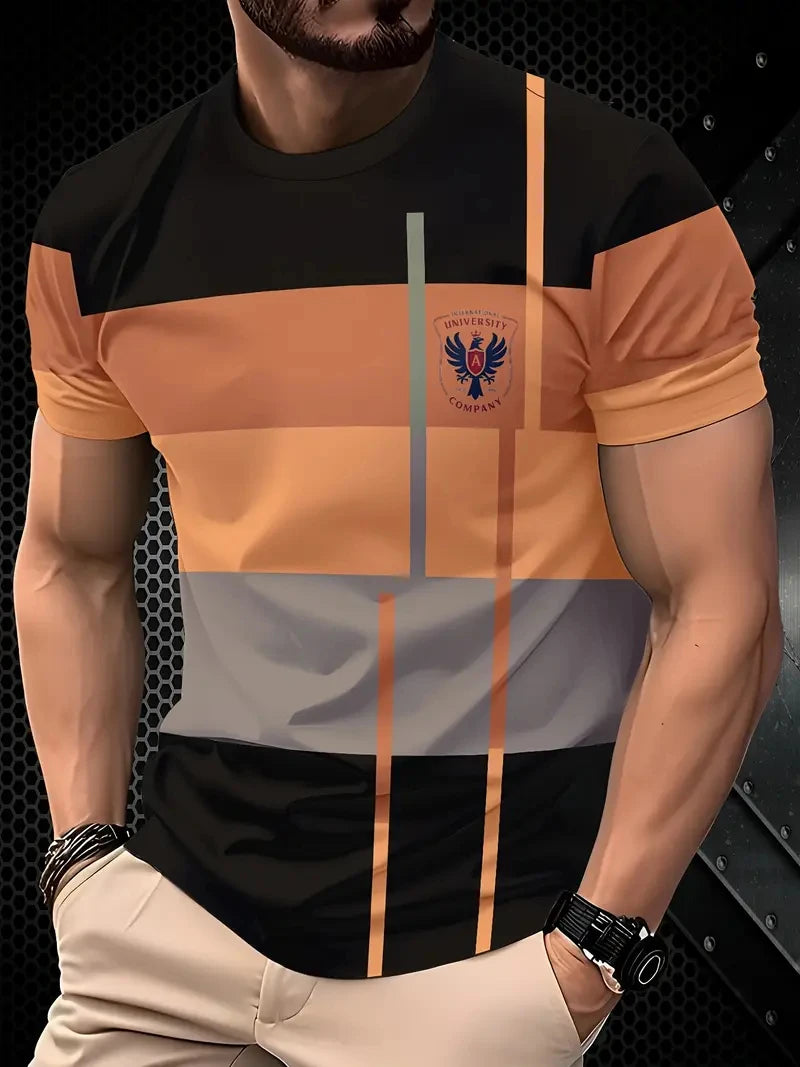 Camiseta masculina de manga curta, respirável, gola redonda, listrada, estampada, tamanho grande, solta, para o verão