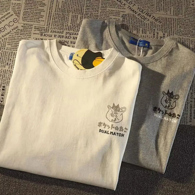 Camiseta de manga curta estampada com desenho de gato retrô japonês de verão, masculina e feminina, para casais, estilo universitário, top grande