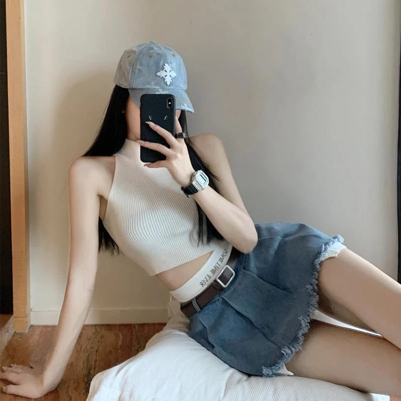 Gidyq Saias Jeans de Cintura Alta Femininas Verão Moda Coreana Patchwork Mini Saias Streetwear Feminino Casual Borlas Saias Jeans