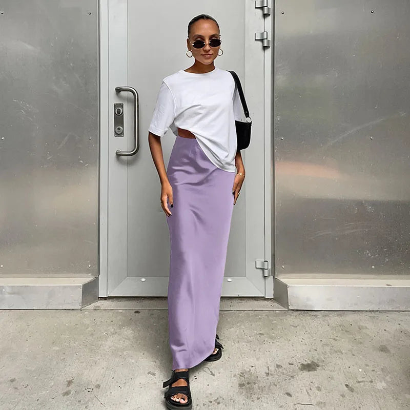 Saias elegantes de cetim preto trompete moda saias finas de cintura alta femininas sólidas escritório saia longa primavera verão